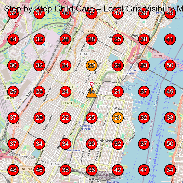 Step by Step Child Care GeoGrid visibility map for Day Care Center in Jersey City